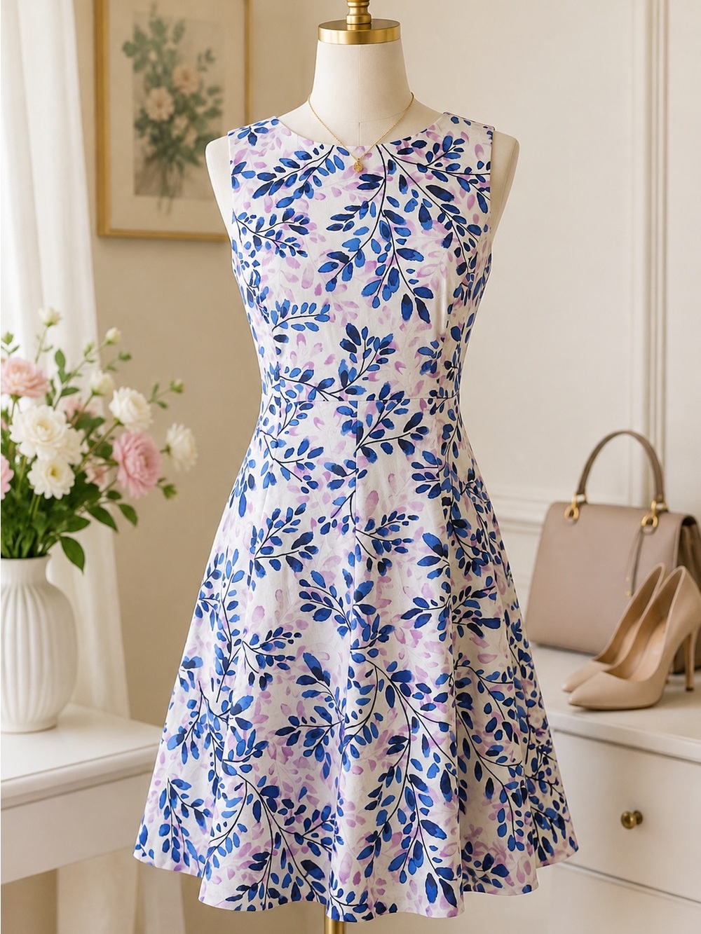 Chaps Sleeveless Botanica Fit-and-Flare Dress in Blue and Lilac